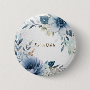 Dusty Blue Watercolor Blume Silver Elegante Button