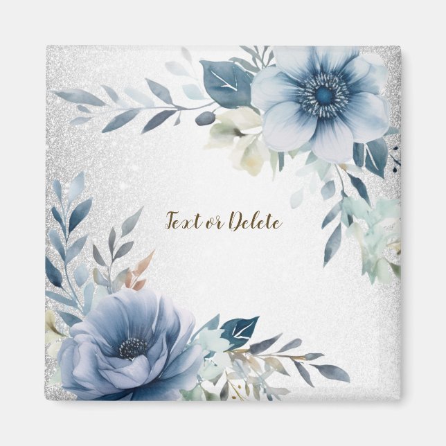 Dusty Blue Watercolor Blume Silver Elegante Magnet (Vorne)