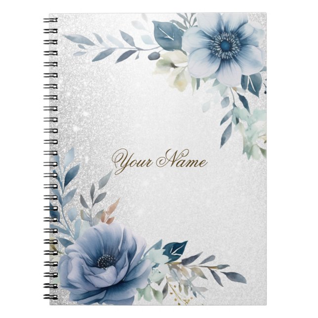 Dusty Blue Watercolor Blume Silver Elegante Notizblock (Vorderseite)