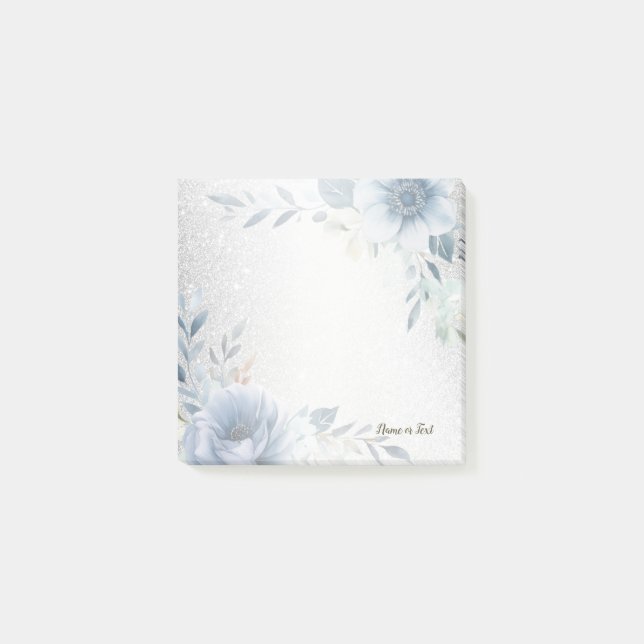 Dusty Blue Watercolor Blume Silver Elegante Post-it Klebezettel (Vorderseite)