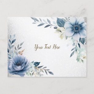 Dusty Blue Watercolor Blume Silver Elegante Postkarte