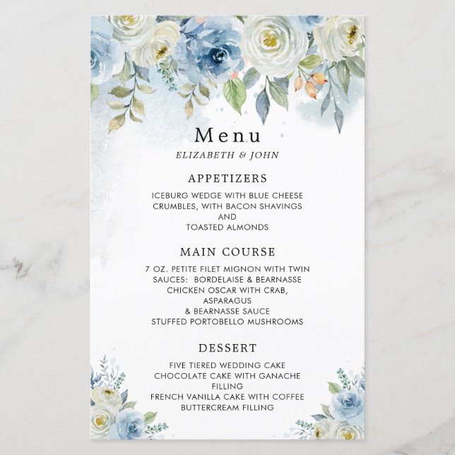 Dusty Blue Watercolor Blume Wedding Menu (Vorderseite)
