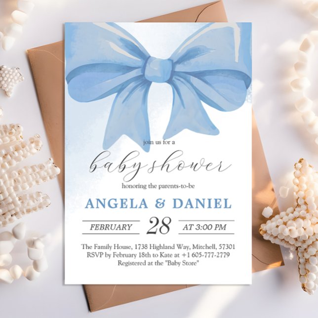 Dusty Blue Watercolor Bow Baby Dusche Einladung (Dusty Blue Watercolor Bow Baby Shower Invitation)