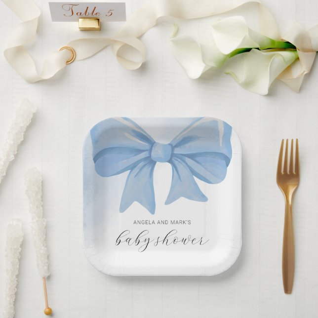 Dusty Blue Watercolor Bow Baby Dusche Pappteller (Hochzeit)