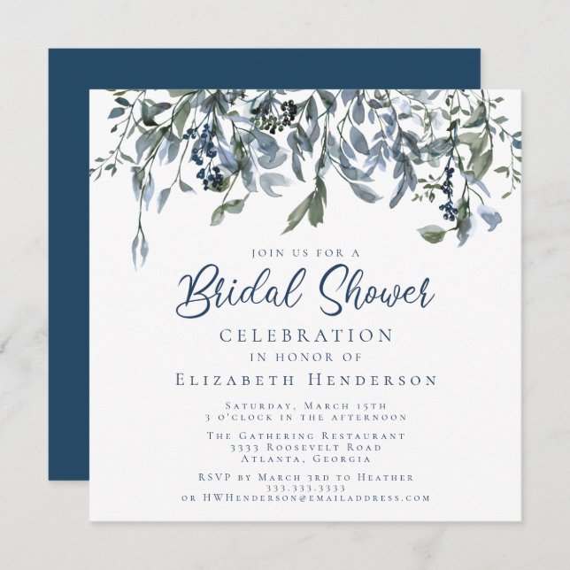 Dusty Blue Watercolor Brautparty Einladung (Vorne/Hinten)