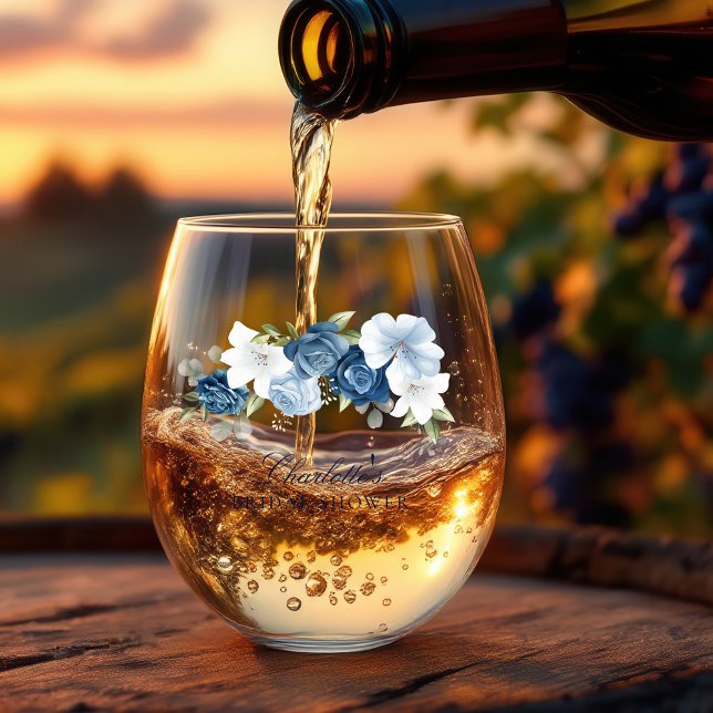 Dusty Blue Watercolor Brautparty Weinglas Ohne Stiel (Dusty Blue Floral Watercolor Script Bridal Shower Stemless Wine Glass)