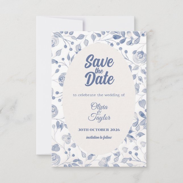 Dusty Blue Watercolor Flora Save The Date Card (Vorderseite)