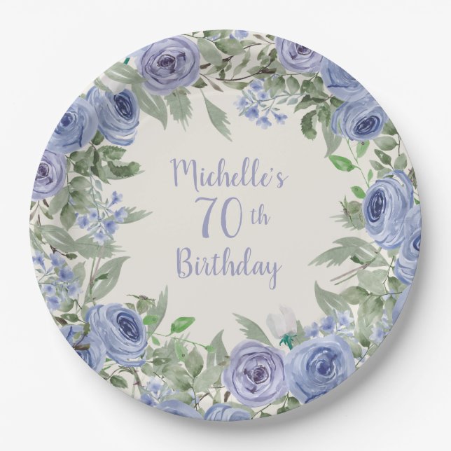 Dusty Blue Watercolor Floral 70. Geburtstag Pappteller (Vorderseite)
