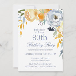 Dusty Blue Watercolor Floral 80. Geburtstagsparty Einladung