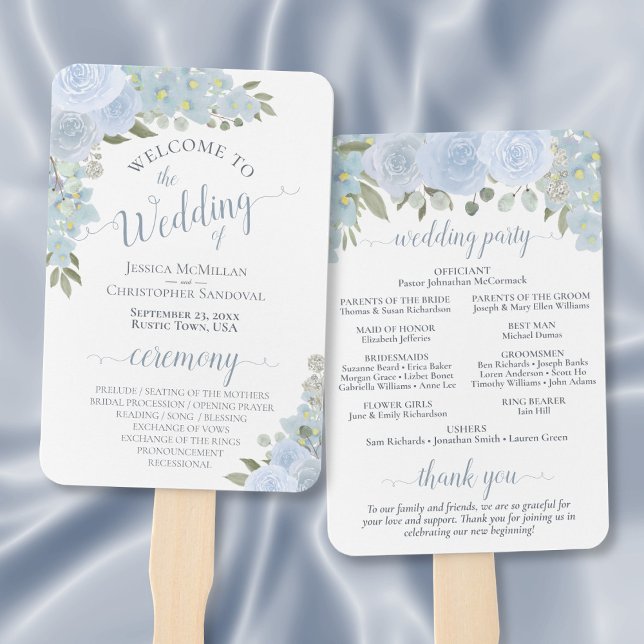 Dusty Blue Watercolor Floral Boho Wedding Program Fächer (Front/Back)