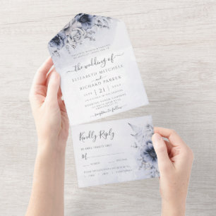 Dusty Blue Watercolor Floral Botanical Wedding All In One Einladung