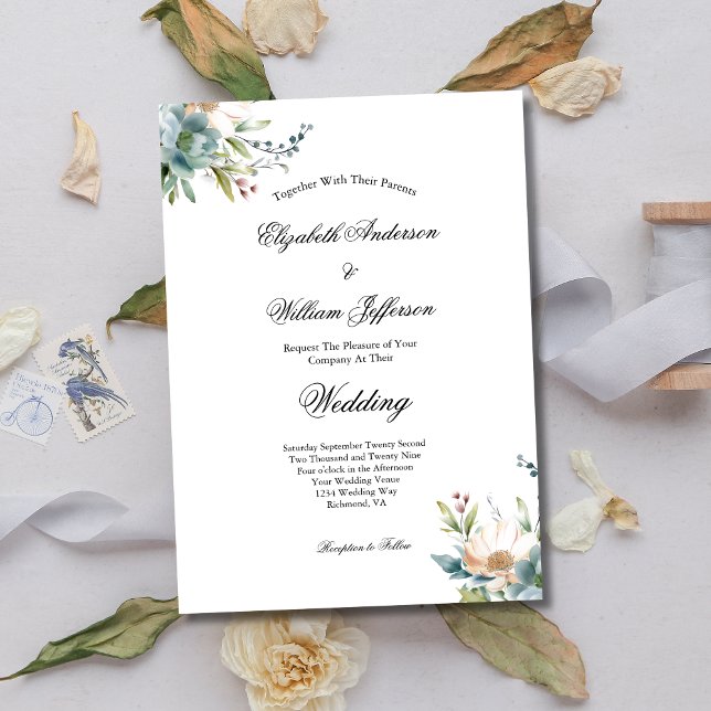 Dusty Blue Watercolor Floral Botanical Wedding Einladung (Dusty Blue Cream Watercolor Floral Elegant Wedding Invitation)
