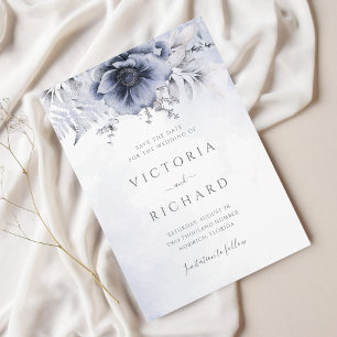 Dusty Blue Watercolor Floral Botanical Wedding Save The Date