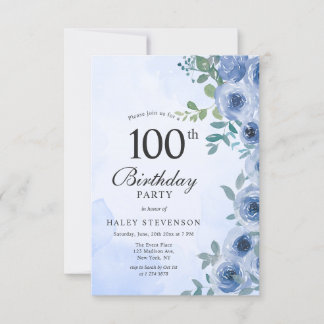 Dusty Blue Watercolor Floral Chic 100. Geburtstag Einladung