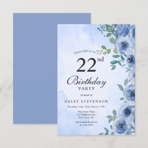 Dusty Blue Watercolor Floral Chic 22. Geburtstag Einladung