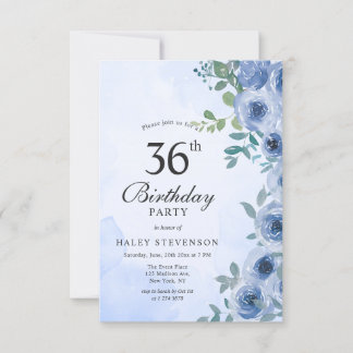 Dusty Blue Watercolor Floral Chic 36. Geburtstag Einladung