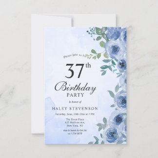 Dusty Blue Watercolor Floral Chic 37. Geburtstag Einladung