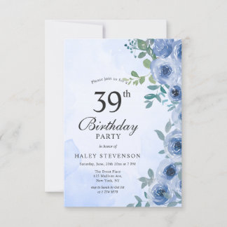 Dusty Blue Watercolor Floral Chic 39. Geburtstag Einladung