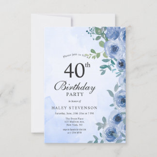 Dusty Blue Watercolor Floral Chic 40. Geburtstag Einladung