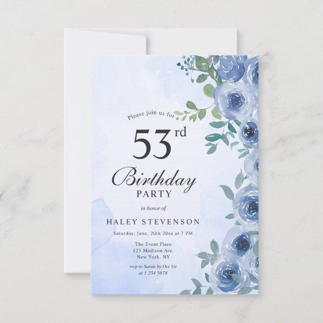 Dusty Blue Watercolor Floral Chic 53. Geburtstag i Einladung (Vorderseite)