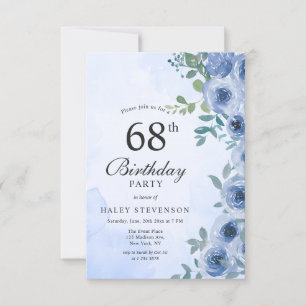 Dusty Blue Watercolor Floral Chic 68. Geburtstag i Einladung