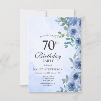 Dusty Blue Watercolor Floral Chic 70. Geburtstag i Einladung