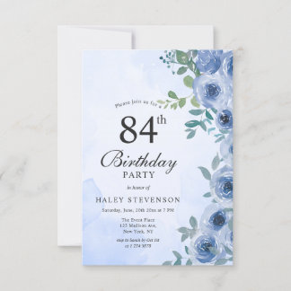 Dusty Blue Watercolor Floral Chic 84. Geburtstag Einladung