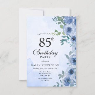 Dusty Blue Watercolor Floral Chic 85. Geburtstag Einladung