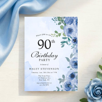 Dusty Blue Watercolor Floral Chic 90. Geburtstag Einladung