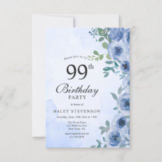 Dusty Blue Watercolor Floral Chic 99. Geburtstag Einladung