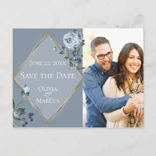 Dusty Blue Watercolor Floral Foto Save the Date Postkarte