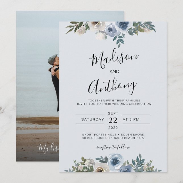 Dusty Blue Watercolor Floral Foto Wedding Einladung (Vorne/Hinten)