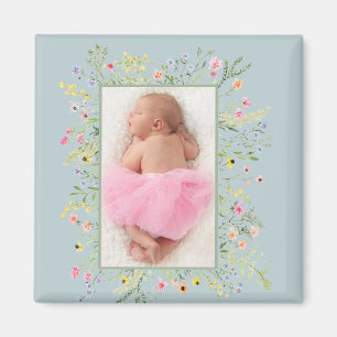 Dusty Blue Watercolor Floral Frame Foto Magnet