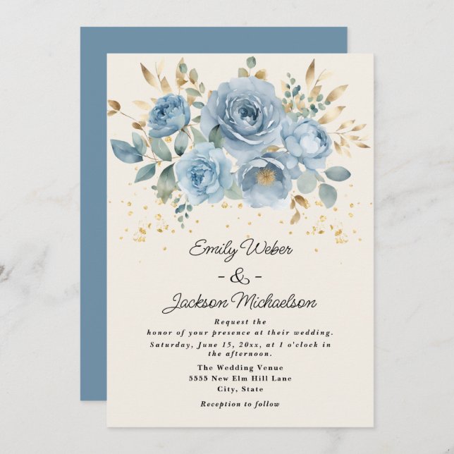 Dusty Blue Watercolor Floral Gold Blätter Hochzeit Einladung (Vorne/Hinten)