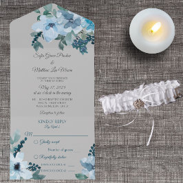 Dusty Blue Watercolor Floral on Bale Gray All In One Einladung