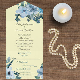 Dusty Blue Watercolor Floral on Blassgelb All In One Einladung