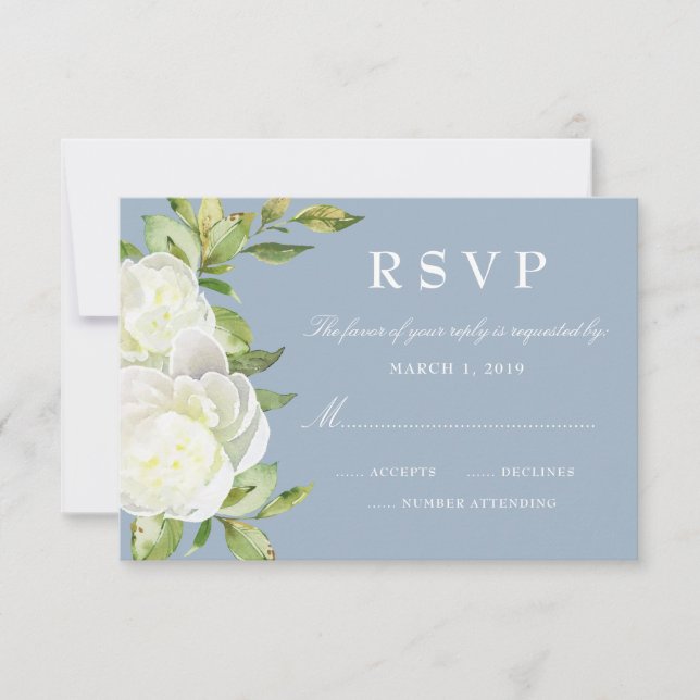 Dusty Blue Watercolor Floral Peony Wedding RSVP (Vorderseite)