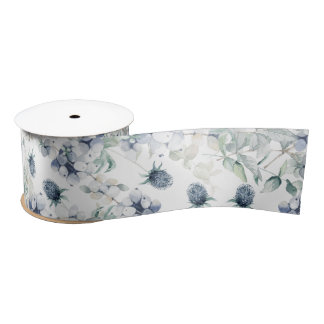 Dusty Blue Watercolor Floral Satin Ribbon Satinband