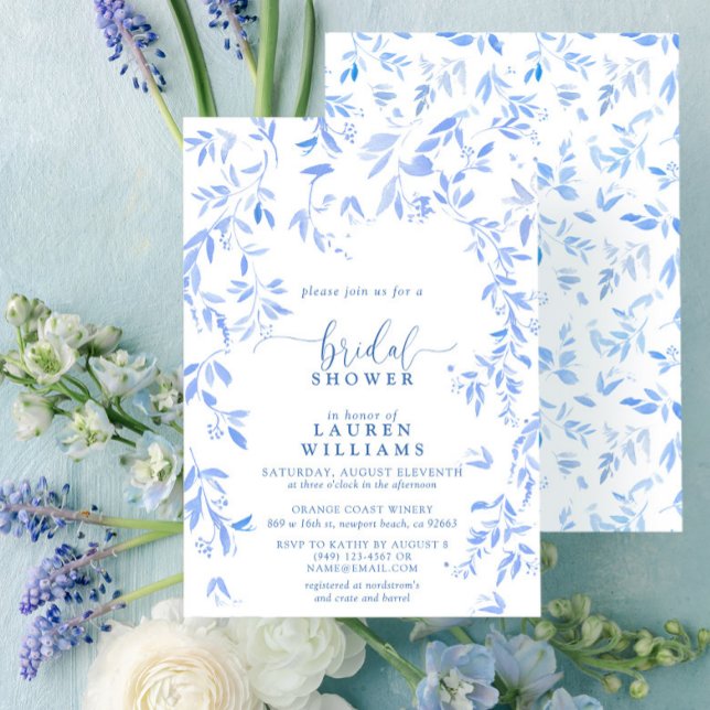Dusty Blue Watercolor Floral Script Brautparty Einladung (Von Creator hochgeladen)