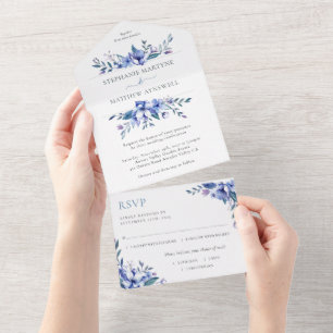 Dusty Blue Watercolor Floral Wedding All In One Einladung