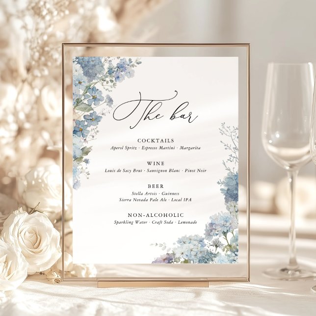Dusty Blue Watercolor Floral Wedding Bar Menu Sockelschild (Dusty blue floral wedding bar menu sign, watercolor hydrangea bar sign for elegant wedding reception)