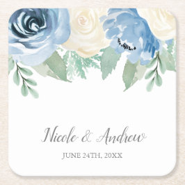 Dusty Blue Watercolor Floral Wedding Custom Rechteckiger Pappuntersetzer