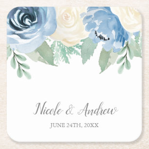 Dusty Blue Watercolor Floral Wedding Custom Rechteckiger Pappuntersetzer
