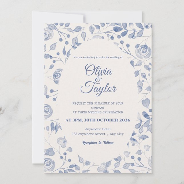 Dusty Blue Watercolor Floral Wedding Invitation Einladung (Vorderseite)