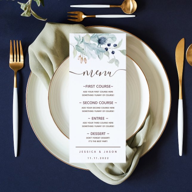 Dusty Blue Watercolor Floral Wedding Menu (Von Creator hochgeladen)