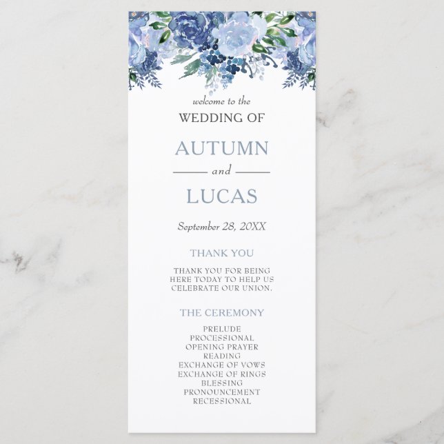 Dusty Blue Watercolor Floral Wedding Programm (Vorderseite)