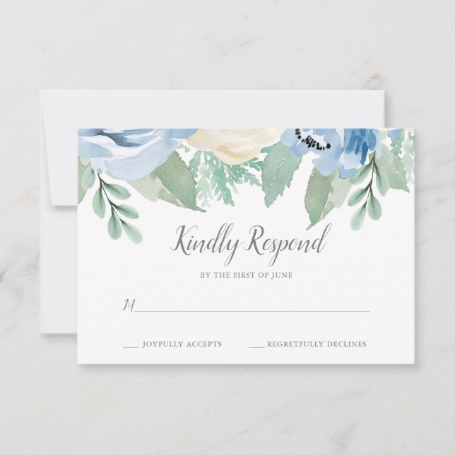 Dusty Blue Watercolor Floral Wedding RSVP Card (Vorderseite)