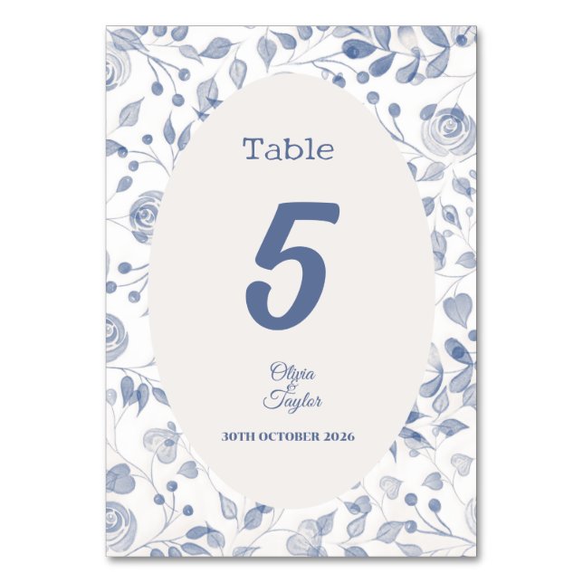 Dusty Blue Watercolor Floral Wedding Tischnummer (Vorderseite)
