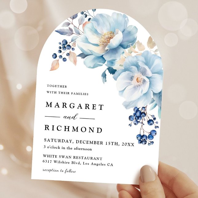 Dusty Blue Watercolor Floral Winter Arch Wedding Einladung (Von Creator hochgeladen)
