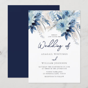Dusty Blue Watercolor Florals mit Marinehochzeit Einladung
